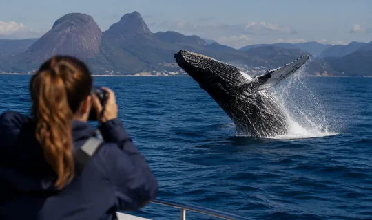 Baleia-jubarte saltando durante passeio de observação de baleias no Rio de Janeiro